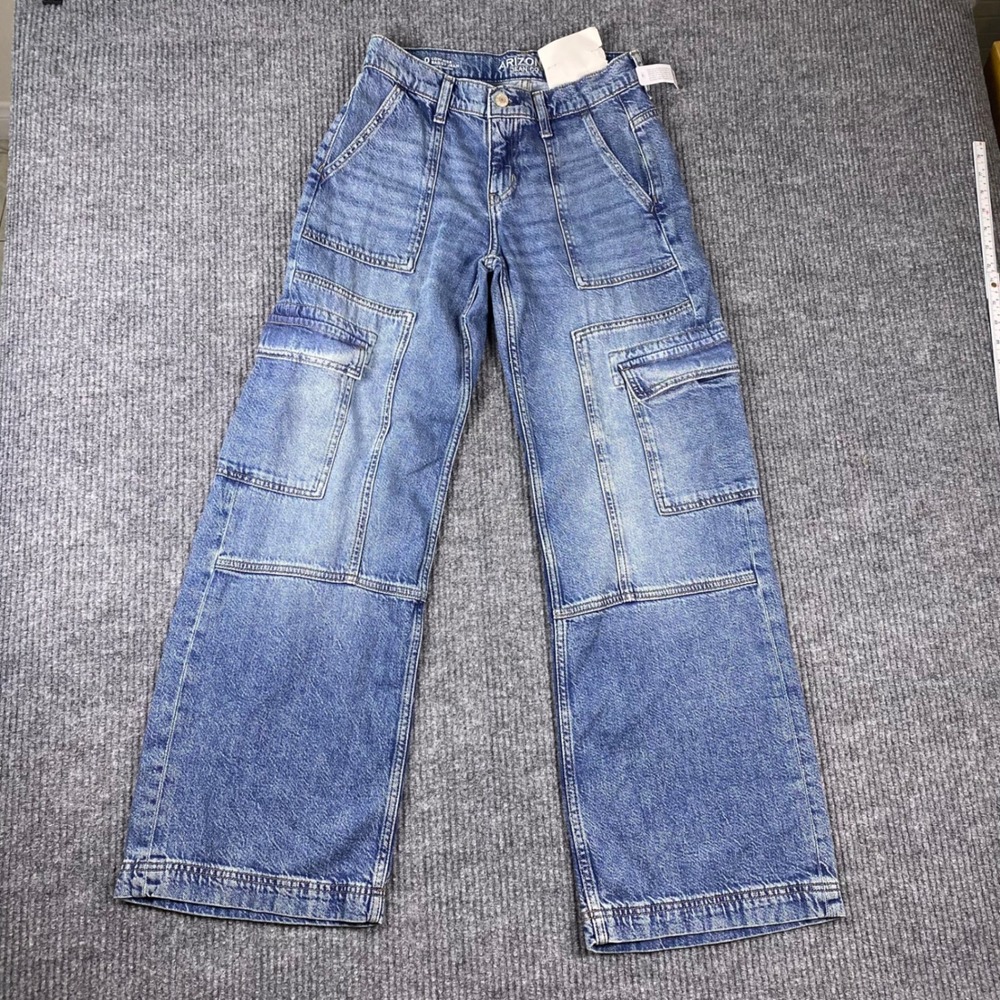 Arizona Jean Co Baggy Jeans 0 Blue Low Rise Wide Leg Cargo Y2K Utility NEW